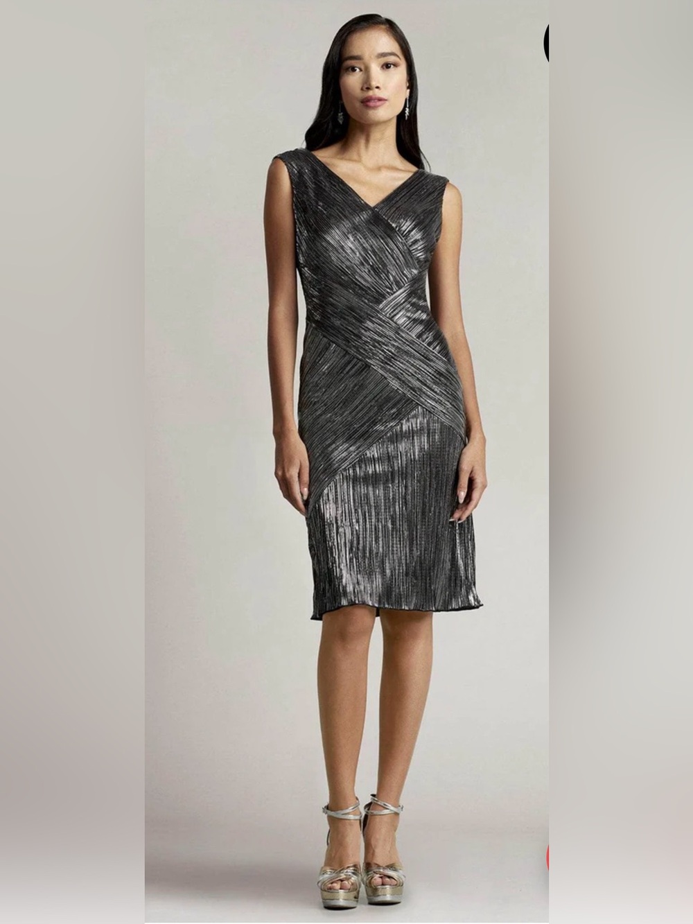 NWT - Metallic Silver Sleeveless Wrap-Front Dress